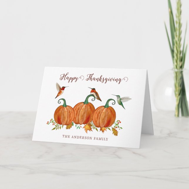 Custom Hummingbirds and Pumpkins Thanksgiving Holiday Card (Front)
