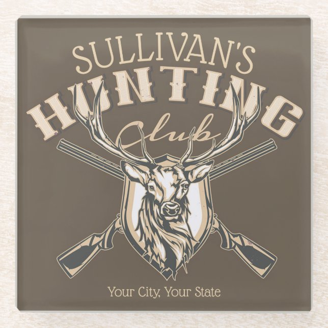 Custom Hunter NAME Deer Trophy Rifle Hunting Club Glass Coaster (Front)
