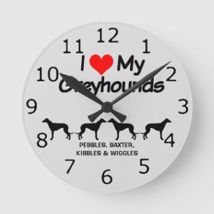 CUSTOM I Love My Four Greyhound Dogs Round Clock