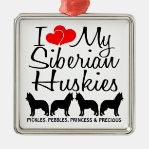 Custom I Love My Four Siberian Huskies Metal Tree Decoration