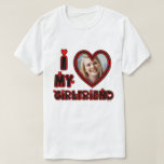 Custom I Love My Girlfriend Photo T-Shirt<br><div class="desc">Girly-Girl-Graphics at Zazzle: Custom I Love My Girlfriend Photo T-Shirt - Uniquely modern, elegantly chic, and stylishly trendy, this sophisticatedly simple colourful red and cool black heart and typeface font typography lettering design to personalise with your amazing photo makes a perfectly beautiful Valentine's Day, birthday, graduation, Christmas, or any day...</div>