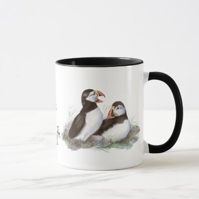 Custom "I love my Puffin", Cute Watercolor Puffins Mug (Right)