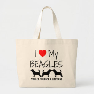 Custom I Love My Three Beagles Large Tote Bag