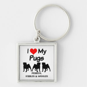 CUSTOM I Love My Three Pug Dogs Key Ring