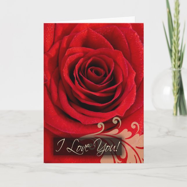 Custom I Love You Cards, Red Rose Swirl Holiday Card (Front)