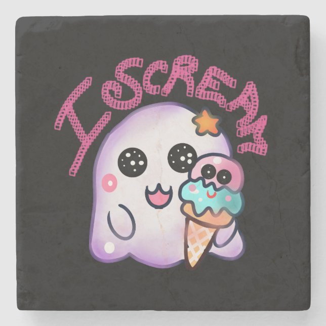 Custom "I Scream" Ghost with Ice Cream Cone Art Stone Coaster (Front)