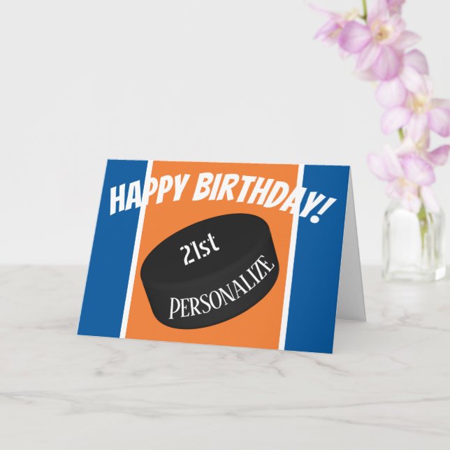 Custom Ice Hockey Personalized Age Name Birthday Card (Orchid)