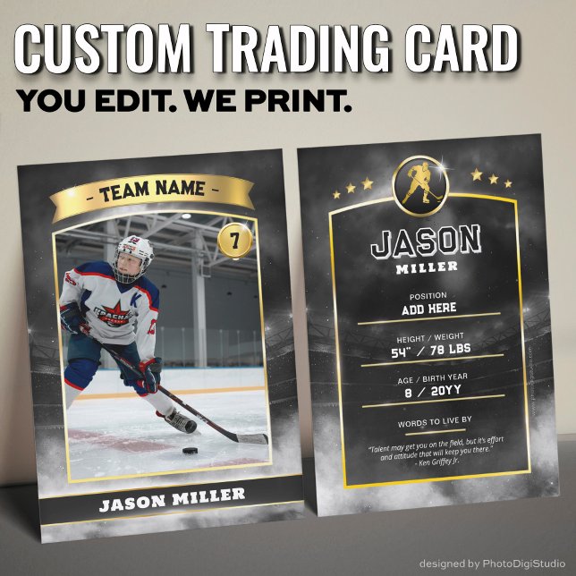 Custom Ice Hockey Trading Card Black Gold Stadium (Custom Trading Card, Editable Ice Hockey Trading Card, Modern Black Gold Stadium Design)