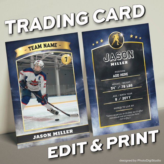 Custom Ice Hockey Trading Card Blue Gold Stadium (Custom Trading Card, Editable Ice Hockey Trading Card, Modern Blue Gold Stadium Design)
