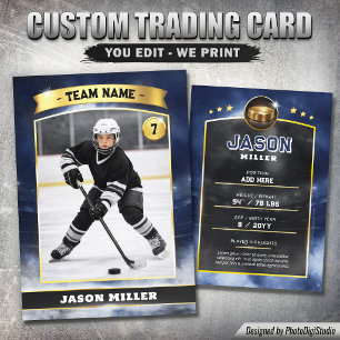 Custom Ice Hockey Trading Card, Blue Gold Stadium Calling Card