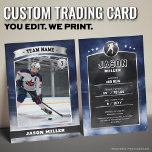 Custom Ice Hockey Trading Card Blue Silver Stadium<br><div class="desc">Score big with this custom ice hockey trading card featuring a bold blue and silver stadium design! Perfect for young athletes, sports teams, or hockey fans, this editable trading card template lets you customise player stats, team name, and photo for a professional, collectable look. Whether for end-of-season gifts, team keepsakes,...</div>