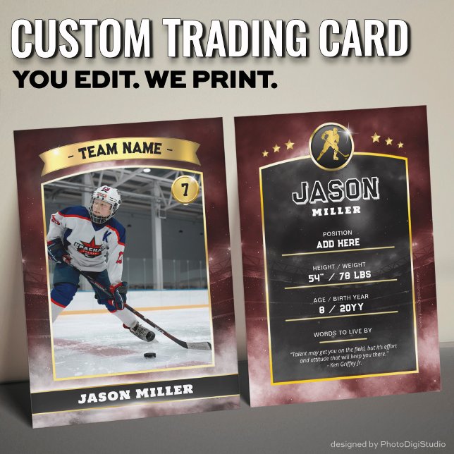 Custom Ice Hockey Trading Card Red Gold Stadium (Custom Trading Card, Editable Ice Hockey Trading Card, Modern Red Gold Stadium Design)