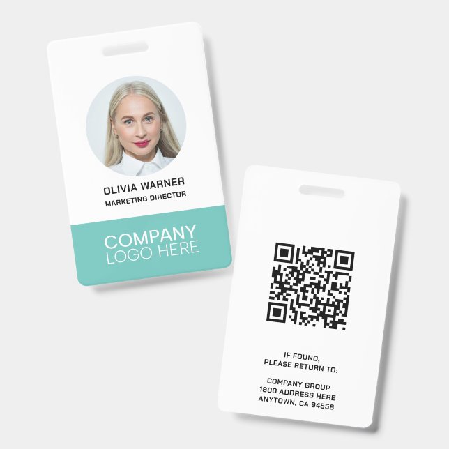 Custom ID Employee Photo QR CODE LOGO TEAL Badge (Front & Back)