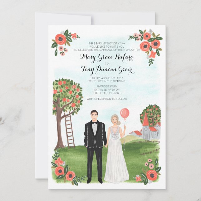 Custom Illustrated Couple Portrait Farm Wedding Invitation (Front)