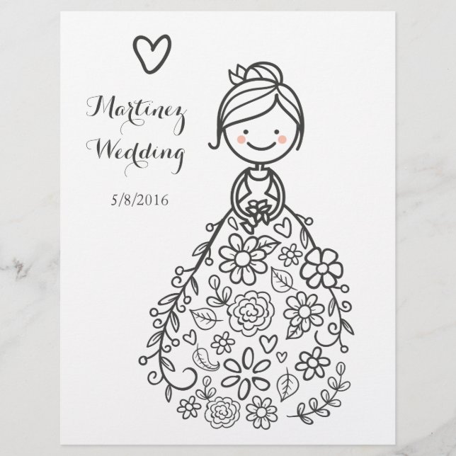 Custom Illustrated Wedding Bride Colouring Page (Front)
