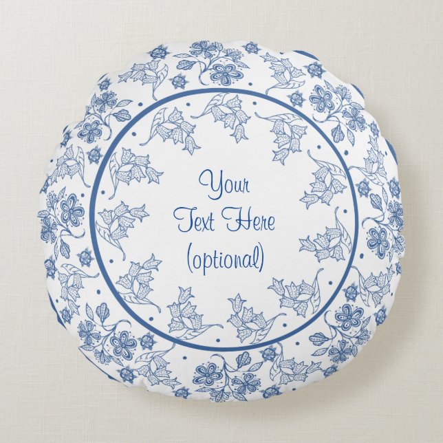 Custom Indigo Blue and White Floral Border Round Cushion (Front)