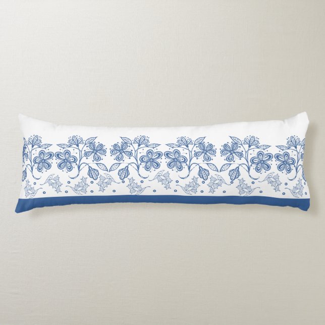 Custom Indigo Blue Floral Border Body Pillow (Front)