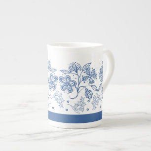 Custom Indigo Blue Floral Border Bone China Mug
