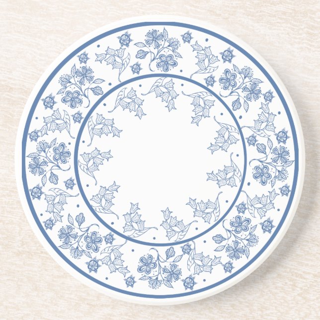 Custom Indigo Blue Floral Border Sandstone Coaster (Front)