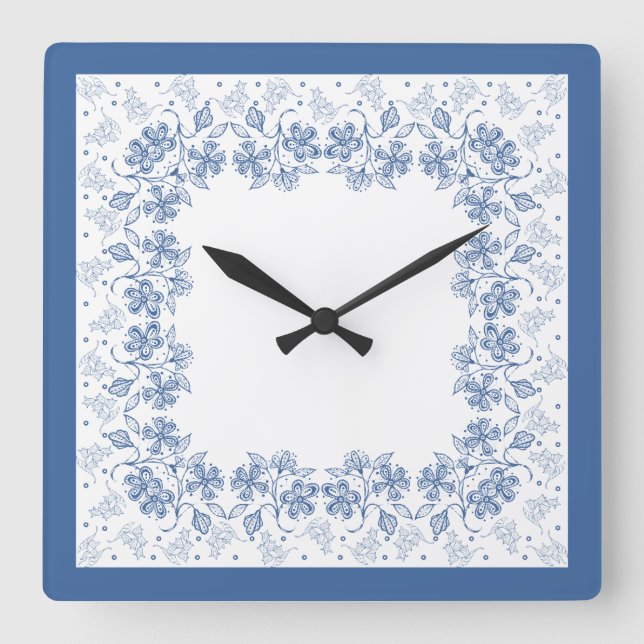 Custom Indigo Blue Floral Border Square Clock (Front)