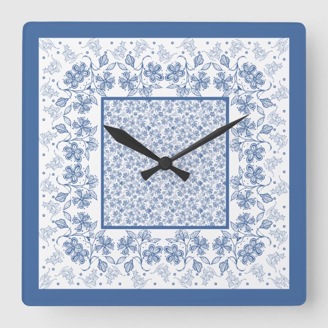 Custom Indigo Blue Floral Border Square Clock (Front)