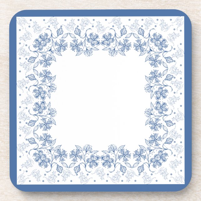 Custom Indigo Blue Floral Border Square Coasters (Front)