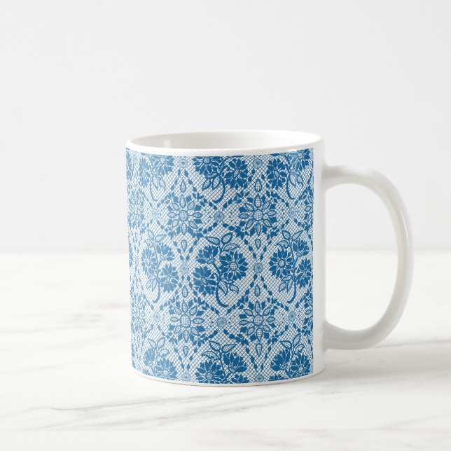 Custom Indigo Blue Floral Faux Lace Pattern Coffee Mug (Right)