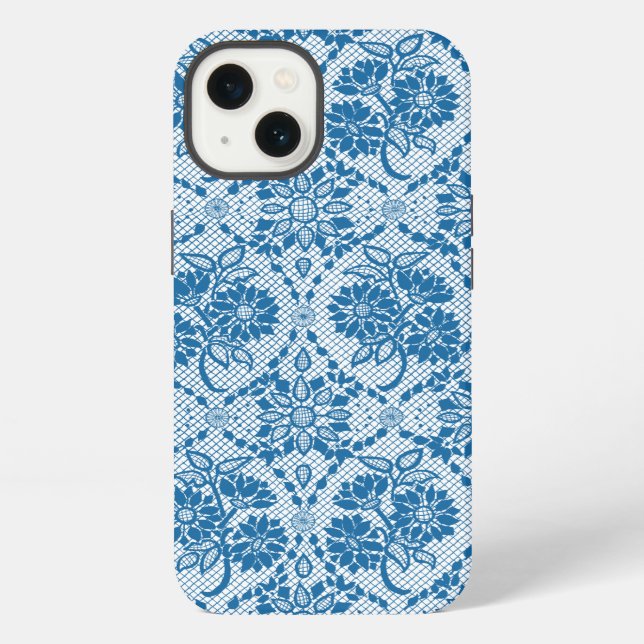 Custom Indigo Blue Floral Faux Lace Pattern iPhone Case (Back)