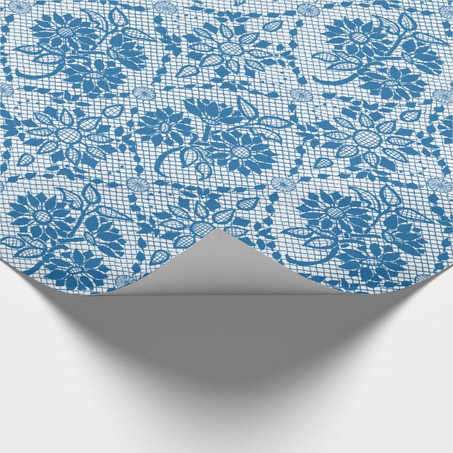 Custom Indigo Blue Floral Faux Lace Pattern Wrapping Paper (Corner)