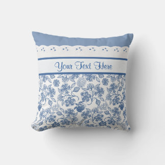 Custom Indigo Blue on White Floral and Faux Lace Cushion