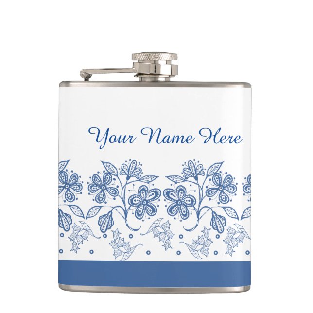 Custom Indigo Blue, White Floral Border Hip Flask (Front)