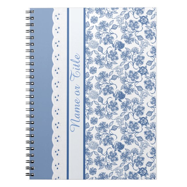 Custom Indigo Floral Faux Lace Notebook or Journal (Front)