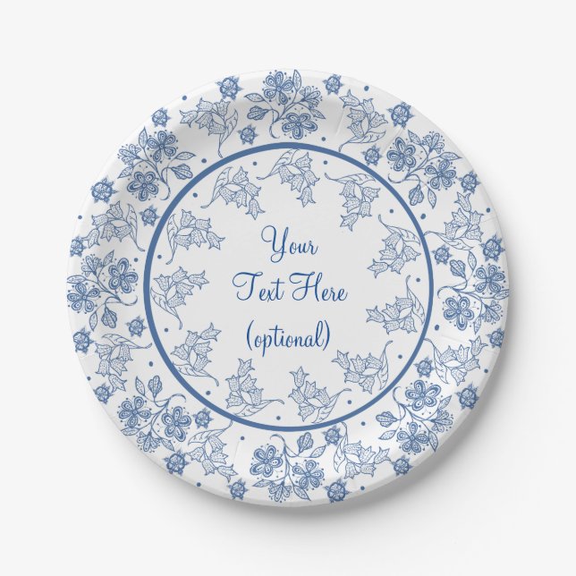 Custom Indigo on White Floral Border Paper Plate (Front)