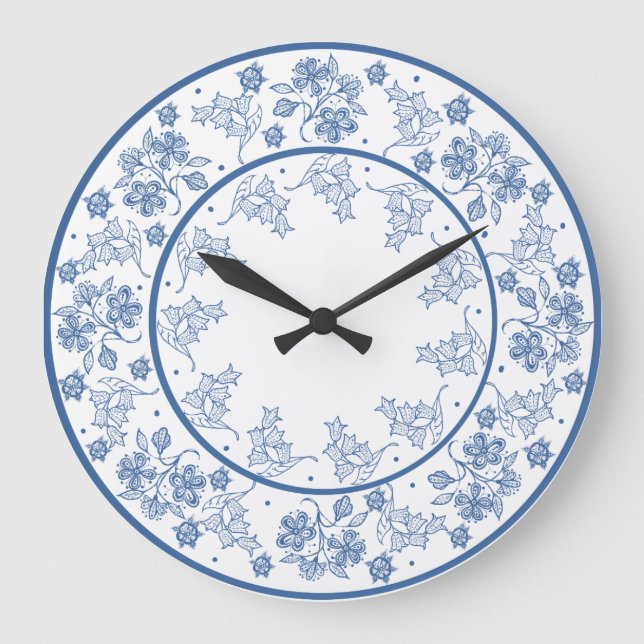 Custom Indigo on White Floral Border Wall Clock (Front)