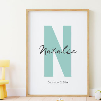 Custom Inital Baby Name and Birth Date Modern Boho Poster