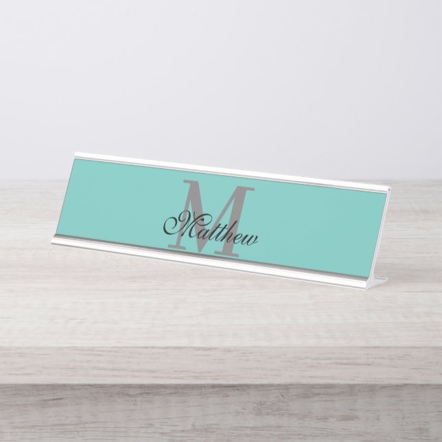 Custom initial and name text teal desk name plate (Front)