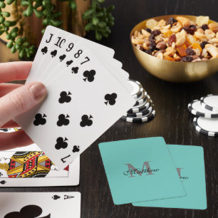 Custom initial and name text teal playing cards