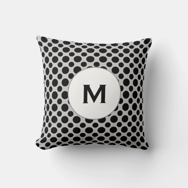 Custom Initial Black Polka Dots on Grey Pillow (Front)