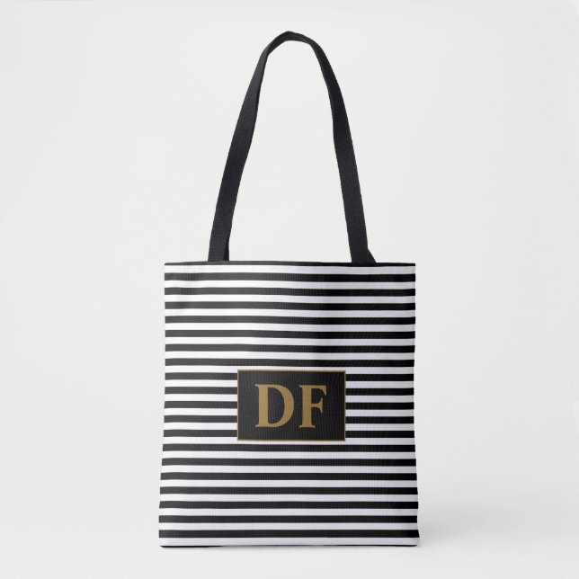 Custom Initial Black/White Stripes Tote Bag (Front)