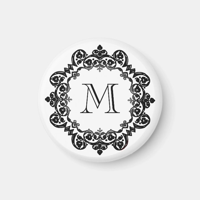 Custom Initial Black White Vintage Medallion Magnet (Front)