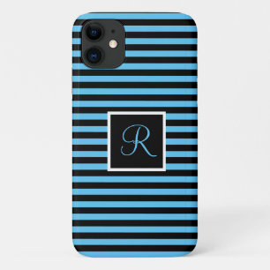 Custom Initial Blue and Black Striped Case-Mate iPhone Case