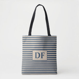 Custom Initial Blue/Vanilla Stripes Tote Bag