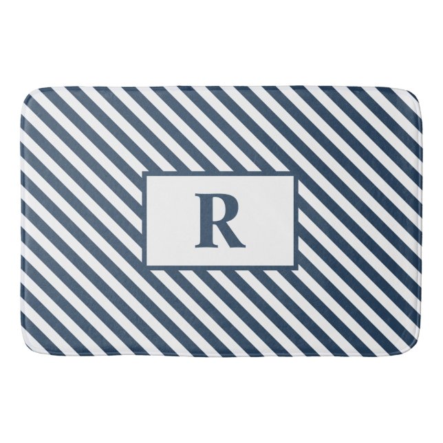 Custom Initial Blue/White Stripes Bath Mat (Front)