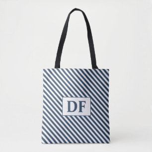 Custom Initial Blue/White Stripes Tote Bag