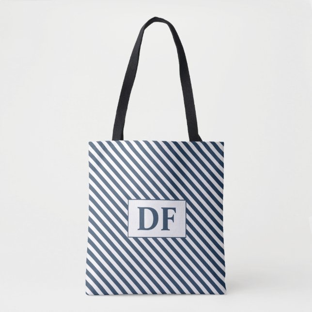 Custom Initial Blue/White Stripes Tote Bag (Front)