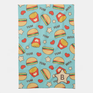 Custom Initial Burger & Fries Pattern Tea Towel