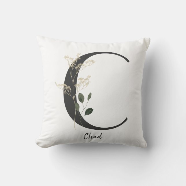 Custom Initial C Black and white with wild flower  Cushion (Front)