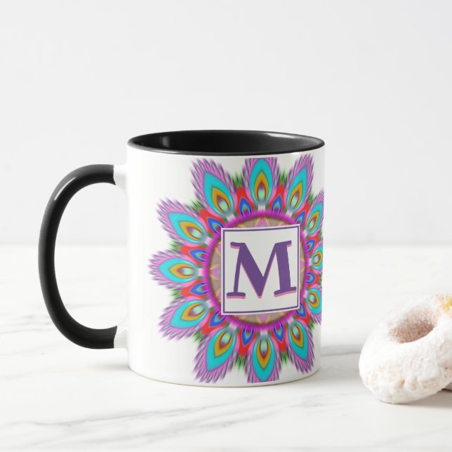Custom initial coffee mug Mandala pattern (With Donut)