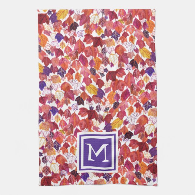 CUSTOM Initial Falling Leaves Watercolor Red Purpl Tea Towel (Vertical)