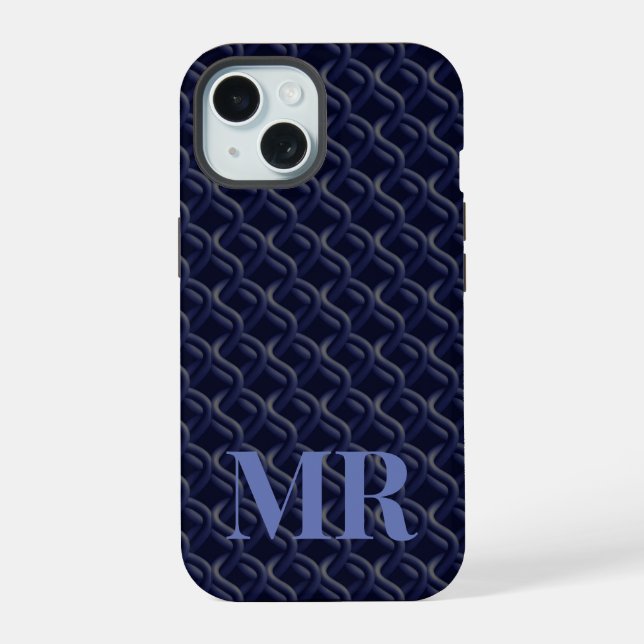 Custom Initial Large Modern Blue Lattice Rubber iPhone 15 Case (Back)
